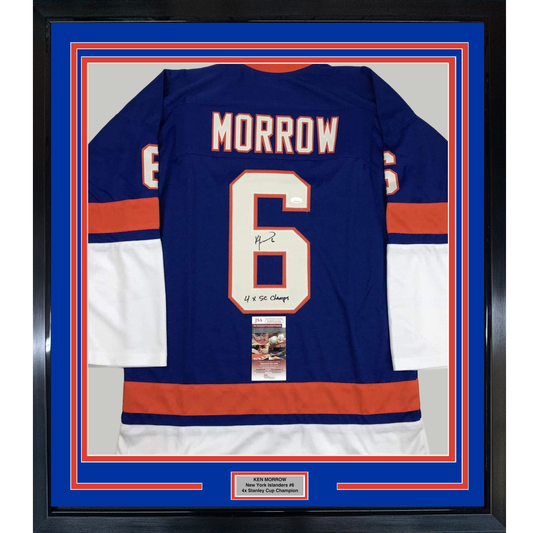 Framed Autographed/Signed Ken Morrow 4x SC Champs 35x39 New York Blue Hockey Jersey JSA COA
