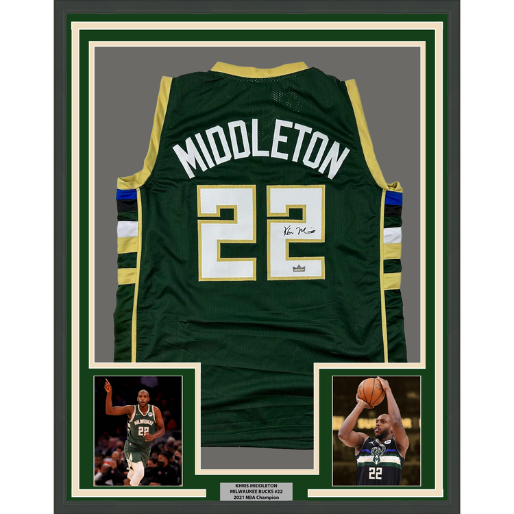 Framed Facsimile Autographed Khris Middleton 35x39 Milwaukee Green Reprint Laser Auto Basketball Jersey