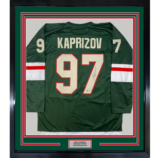 Framed Autographed/Signed Kirill Kaprizov 35x39 Minnesota Green Hockey Jersey Beckett BAS COA
