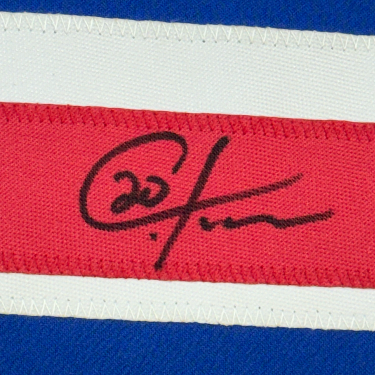 Framed Autographed/Signed Chris Kreider 35x39 New York Blue Hockey Jersey Beckett BAS COA