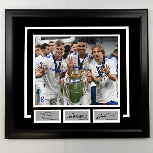 Framed Toni Kroos, Casemiro and Luka Modric Facsimile Laser Engraved Signatures Real Madrid 19x21 Soccer Photo