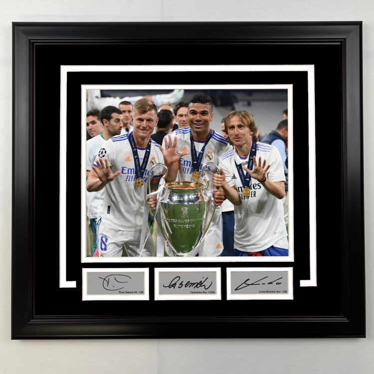Framed Toni Kroos, Casemiro and Luka Modric Facsimile Laser Engraved Signatures Real Madrid 19x21 Soccer Photo