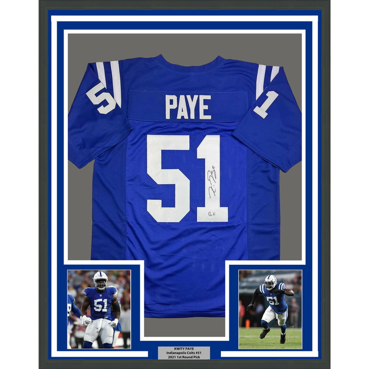 Framed Autographed/Signed Kwity Paye 35x39 Indianapolis Blue Football Jersey Beckett BAS COA