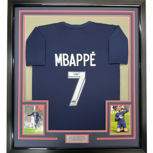 Framed Facsimile Autographed Kylian Mbappe 35x39 PSG Blue Reprint Laser Auto Soccer Jersey