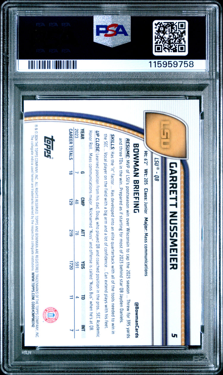 Graded 2024 Topps Bowman U Sapphire Garrett Nussmeier #5 Rookie RC Football Card PSA 10 Gem Mint