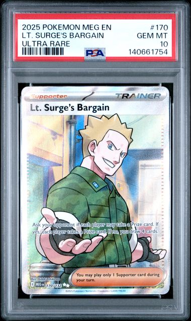 Graded 2025 PKM MEG EN Lt. Surge's Bargain #170 Ultra Rare Trading Card Game PSA 10 Gem Mint