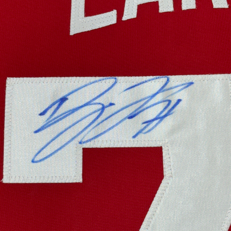 Framed Autographed/Signed Dylan Larkin 35x39 Detroit Red Hockey Jersey Beckett BAS COA