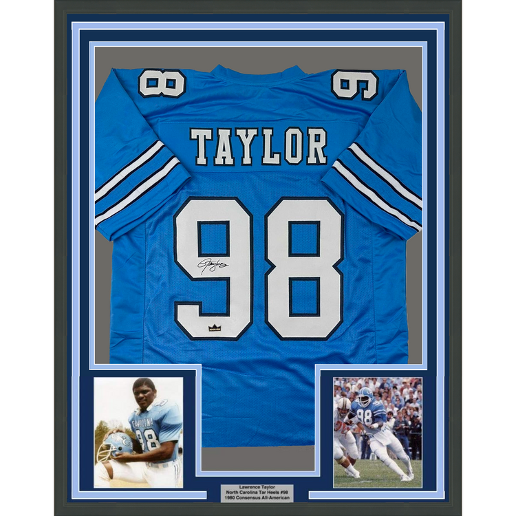 Framed Facsimile Autographed Lawrence Taylor 35x39 UNC North Carolina Blue Reprint Laser Auto College Football Jersey