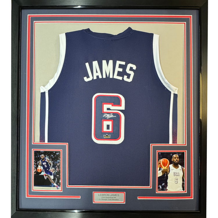 Framed Facsimile Autographed LeBron James 35x39 2024 United States Team USA Blue Reprint Laser Auto Basketball Jersey