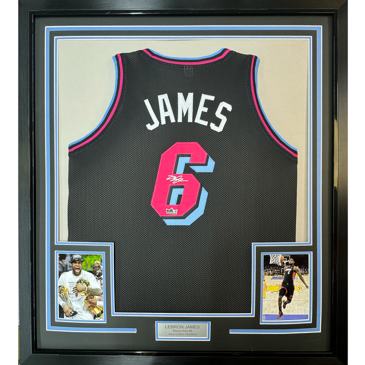 Framed Facsimile Autographed LeBron James 35x39 Miami Black Vice City Reprint Laser Auto Basketball Jersey