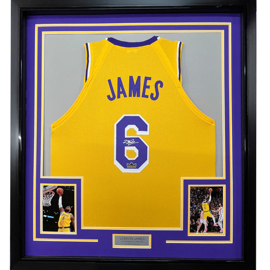 Framed Facsimile Autographed LeBron James 35x39 Los Angeles LA Yellow Reprint Laser Auto Basketball Jersey