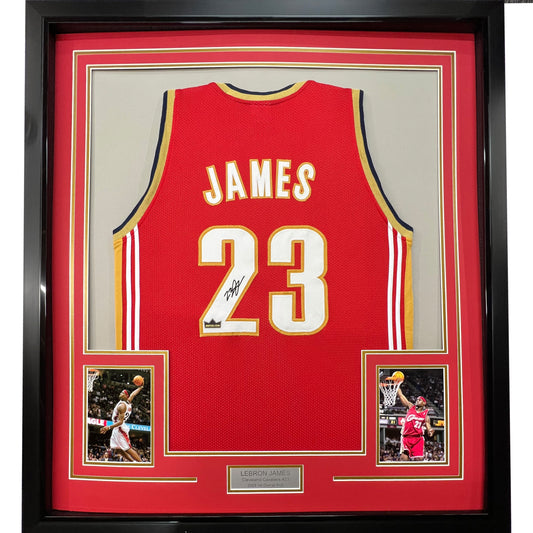 Framed Facsimile Autographed LeBron James 35x39 Cleveland Red Reprint Laser Auto Basketball Jersey