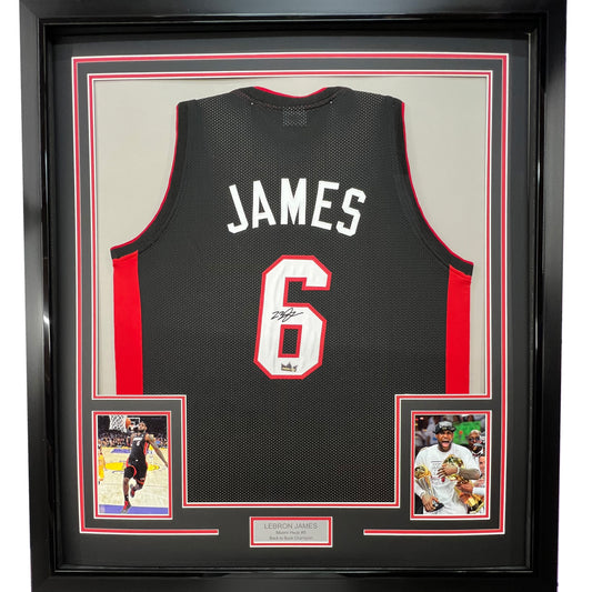Framed Facsimile Autographed LeBron James 35x39 Miami Black Reprint Laser Auto Basketball Jersey