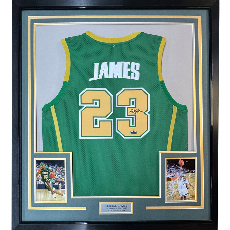 Framed Facsimile Autographed LeBron James 35x39 St. Vincent-St. Mary High School Green Reprint Laser Auto Basketball Jersey
