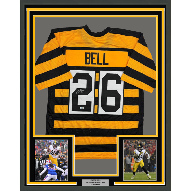 Framed Autographed/Signed Le'Veon LeVeon Bell 35x39 Pittsburgh Bumble Bee Jersey JSA COA