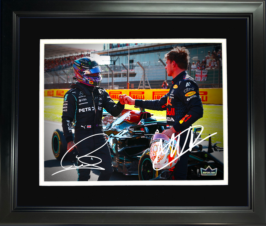 Framed Lewis Hamilton & Max Verstappen Dual Facsimile Laser Engraved Signature Auto 11"x14" F1 Racing Photo HOFSM Holo
