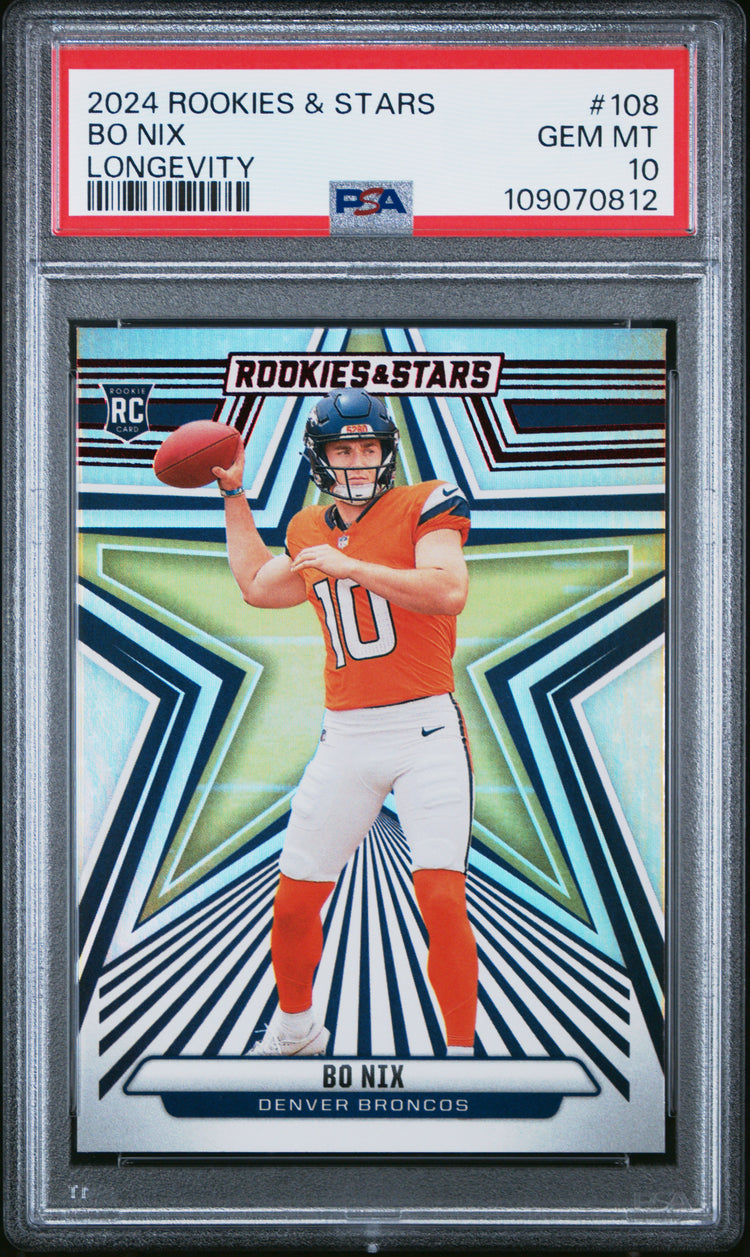 Graded 2024 Panini Rookies & Stars Bo Nix #108 Longevity RC Football Card PSA 10 Gem Mint