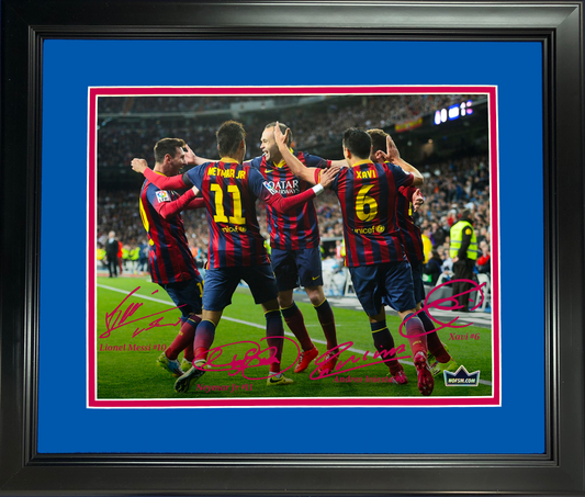 Framed Lionel Messi Neymar Jr. Andres Iniesta & Xavi FC Barcelona Facsimile Laser Engraved Signature Auto 11"x14" Soccer Photo HOFSM Holo