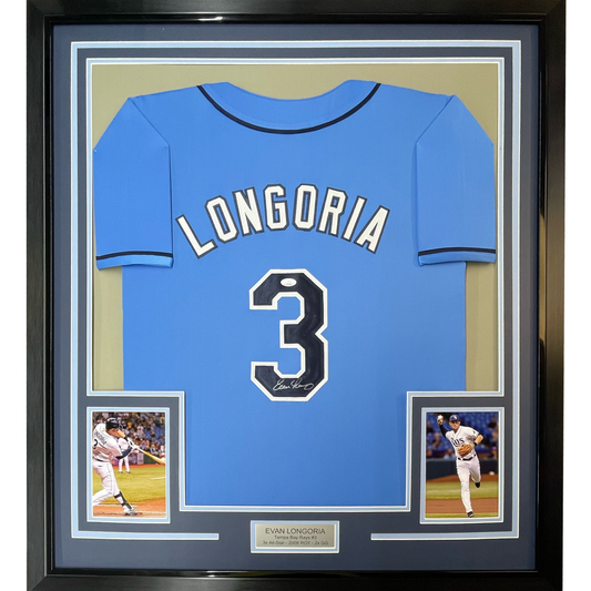 Framed Autographed/Signed Evan Longoria 35x39 Tampa Bay Light Blue Baseball Jersey JSA COA