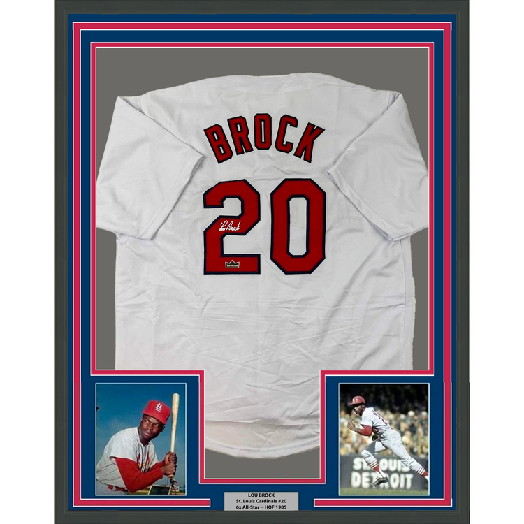 Framed Facsimile Autographed Lou Brock 35x39 St. Louis White Reprint Laser Auto Baseball Jersey