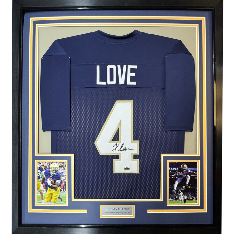 Framed Facsimile Autographed Jeremiyah Love 35x39 Notre Dame Blue Reprint Laser Auto College Football Jersey