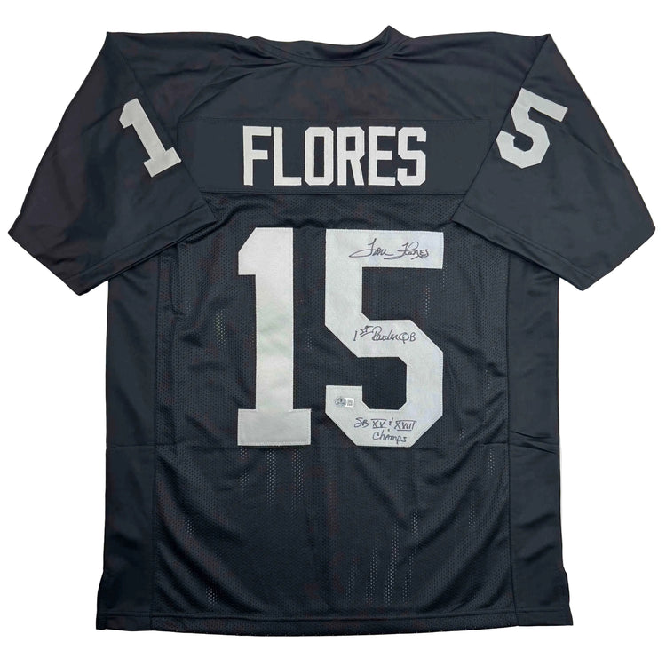 Autographed/Signed Tom Flores Las Vegas Oakland Black Football Jersey Beckett BAS COA