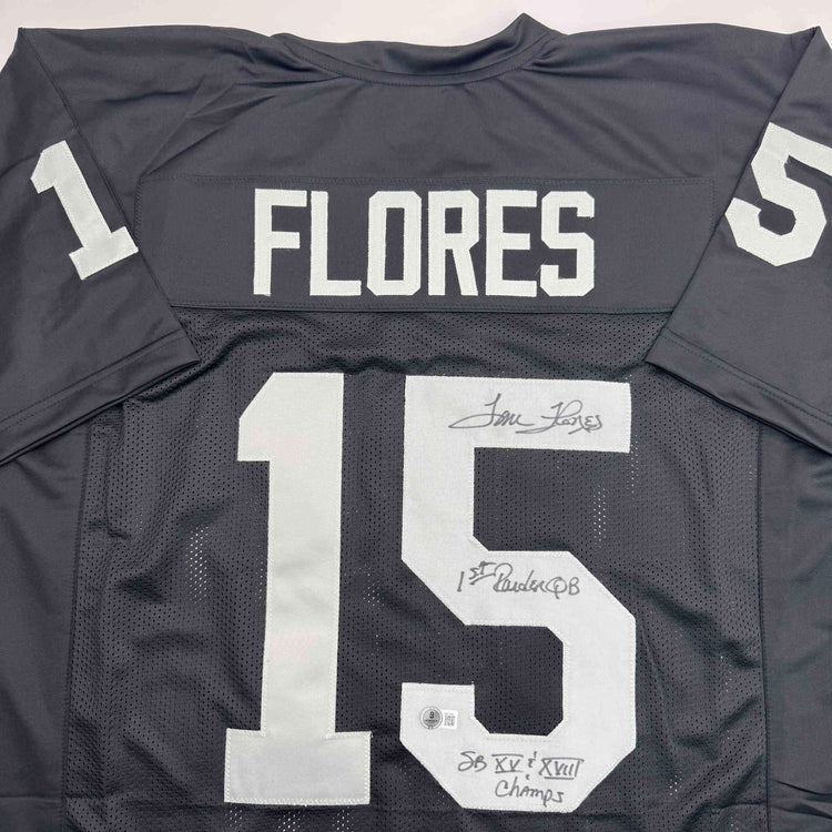 Autographed/Signed Tom Flores Las Vegas Oakland Black Football Jersey Beckett BAS COA
