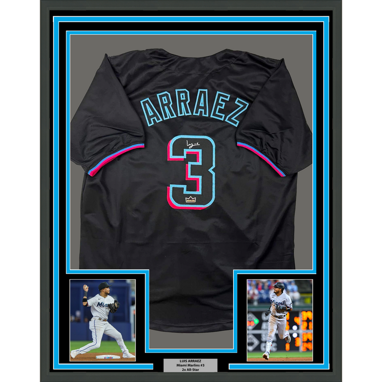 Framed Facsimile Autographed Luis Arraez 35x39 Miami Black Reprint Laser Auto Baseball Jersey