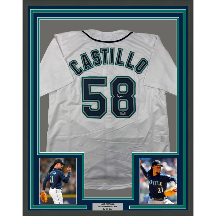 Framed Facsimile Autographed Luis Castillo 35x39 Seattle White Reprint Laser Auto Baseball Jersey