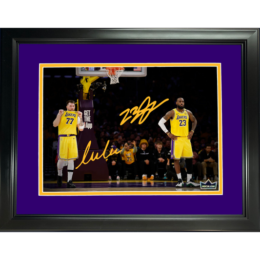 Framed Luka Doncic & LeBron James Los Angeles Lakers Dual Facsimile Laser Engraved Signature Auto 11"x14" Basketball Photo HOFSM Holo