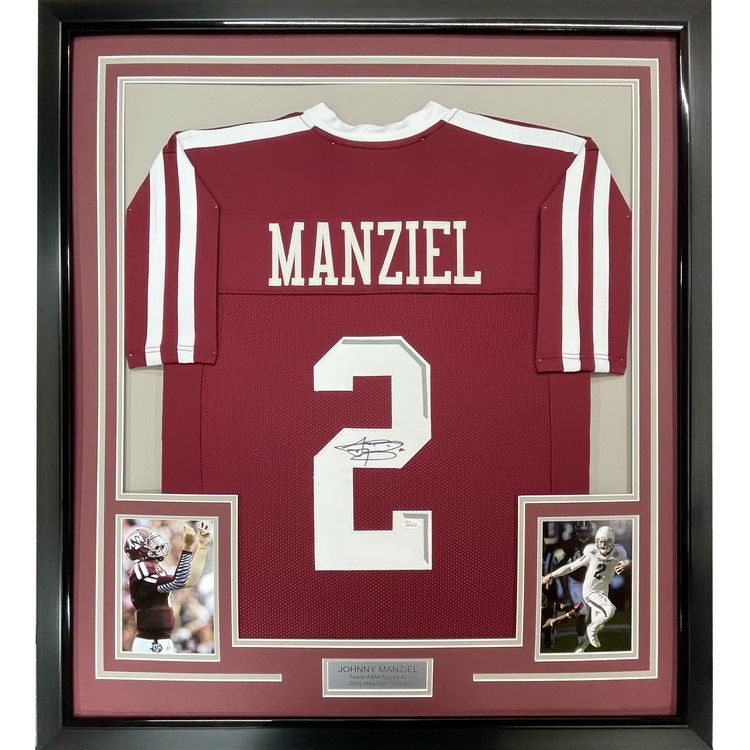 Framed Autographed/Signed Johnny Manziel 35x39 Texas A&M Maroon College Football Jersey JSA COA
