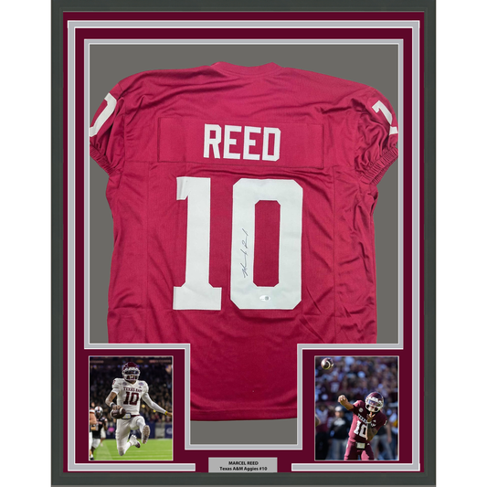 Framed Autographed/Signed Marcel Reed 35x39 Texas A&M Maroon College Football Jersey JSA COA