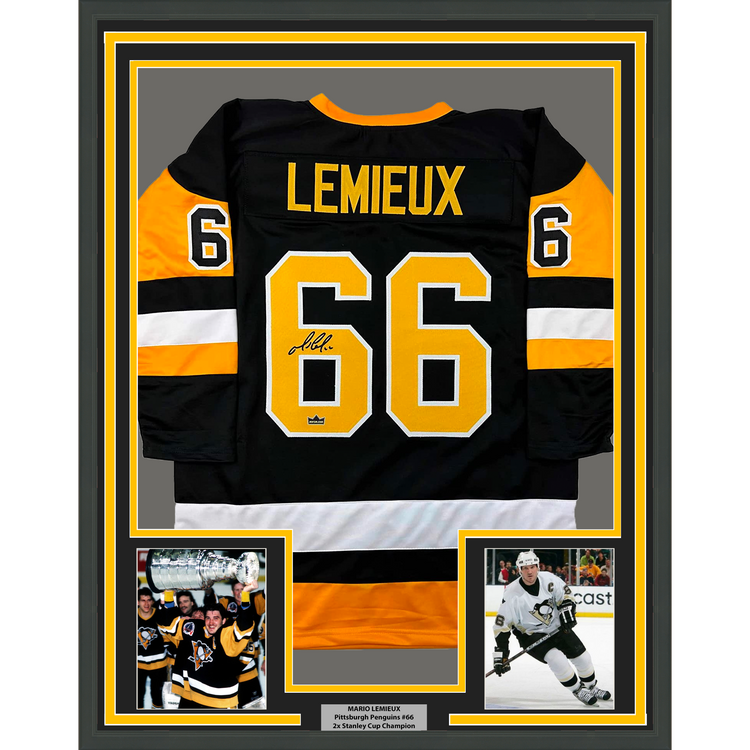 Framed Facsimile Autographed Mario Lemieux 35x39 Pittsburgh Black Reprint Laser Auto Hockey Jersey