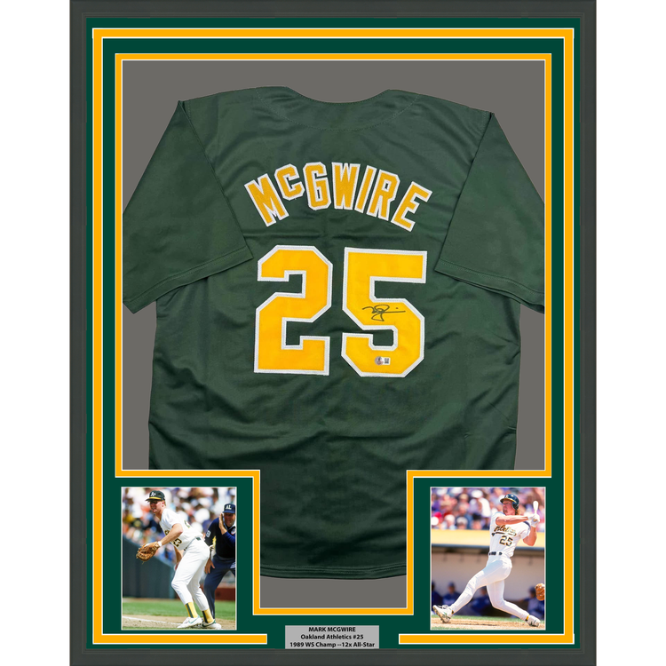 Framed Autographed/Signed Mark McGwire 35x39 Oakland Green Baseball Jersey Beckett BAS COA