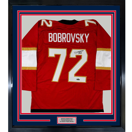 Framed Facsimile Autographed Sergei Bobrovsky 35x39 Florida Red Reprint Laser Auto Hockey Jersey
