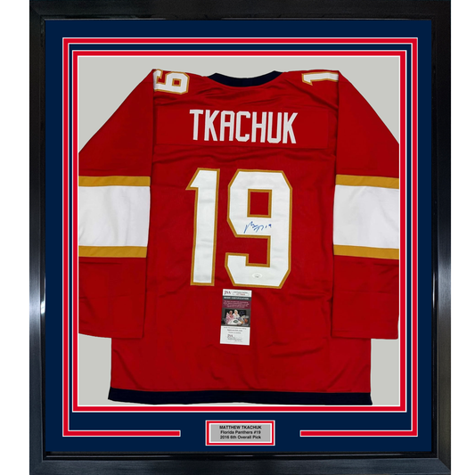 Framed Autographed/Signed Matthew Tkachuk 35x39 Florida Red Hockey Jersey JSA COA