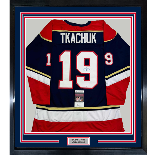 Framed Autographed/Signed Matthew Tkachuk 35x39 Florida Blue Hockey Jersey JSA COA