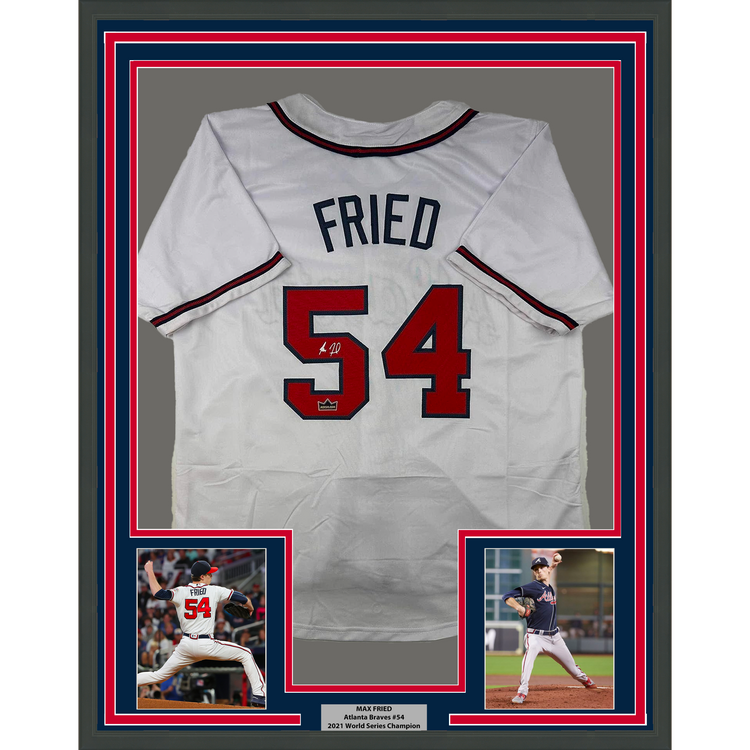 Framed Facsimile Autographed Max Fried 35x39 Atlanta White Reprint Laser Auto Baseball Jersey
