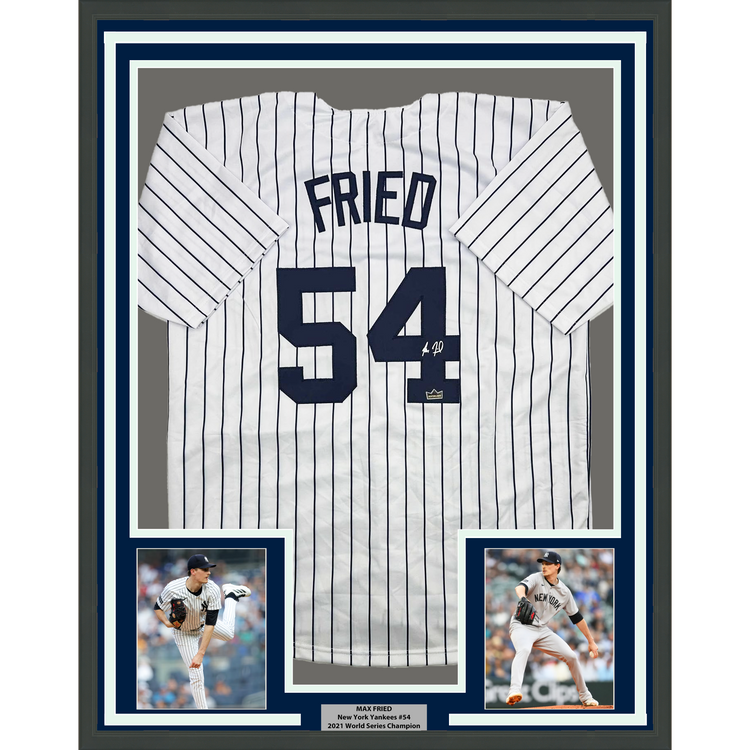 Framed Facsimile Autographed Max Fried 35x39 New York Pinstripe Reprint Laser Auto Baseball Jersey