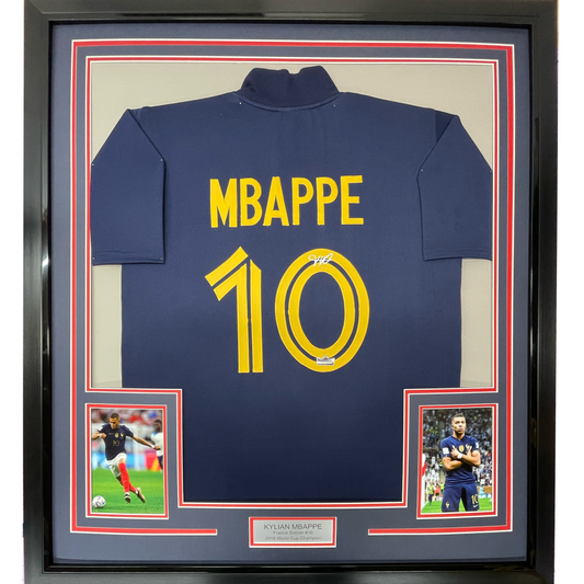 Framed Facsimile Autographed Kylian Mbappe 35x39 France Blue World Cup Reprint Laser Auto Soccer Jersey