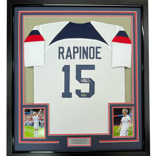 Framed Facsimile Autographed Megan Rapinoe 35x39 United States USA White World Cup Reprint Laser Auto Soccer Jersey