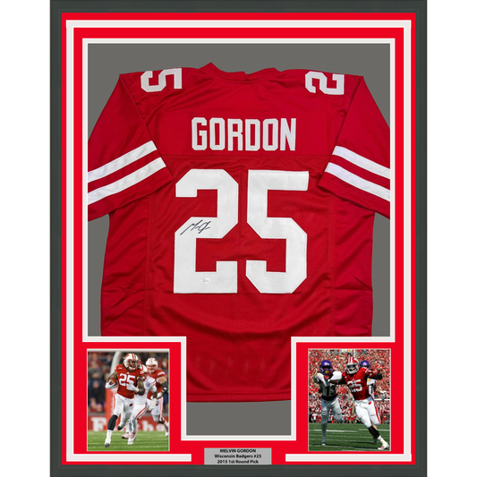 Framed Autographed/Signed Melvin Gordon 35x39 Wisconsin Red College Football Jersey JSA COA
