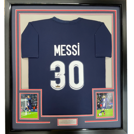Framed Facsimile Autographed Lionel Messi Leo 35x39 PSG Blue Reprint Laser Auto Soccer Jersey