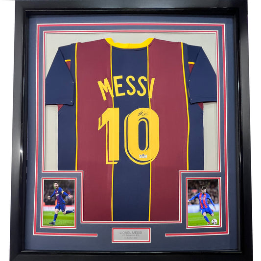 Framed Facsimile Autographed Lionel Messi Leo 35x39 FC Barcelona Blue/Red Reprint Laser Auto Soccer Jersey