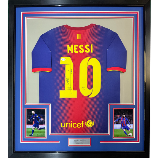 Framed Autographed/Signed Lionel Leo Messi 35x39 FC Barcelona Soccer Jersey Beckett BAS COA