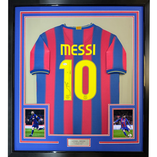 Framed Autographed/Signed Lionel Leo Messi 35x39 FC Barcelona Soccer Jersey Beckett BAS COA