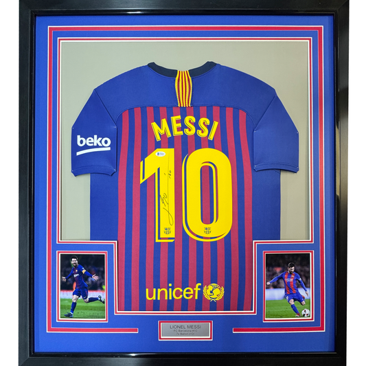 Framed Autographed/Signed Lionel Leo Messi 35x39 FC Barcelona Soccer Jersey Beckett BAS COA