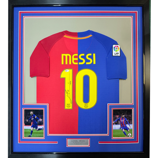 Framed Autographed/Signed Lionel Leo Messi 35x39 FC Barcelona Soccer Jersey Beckett BAS COA