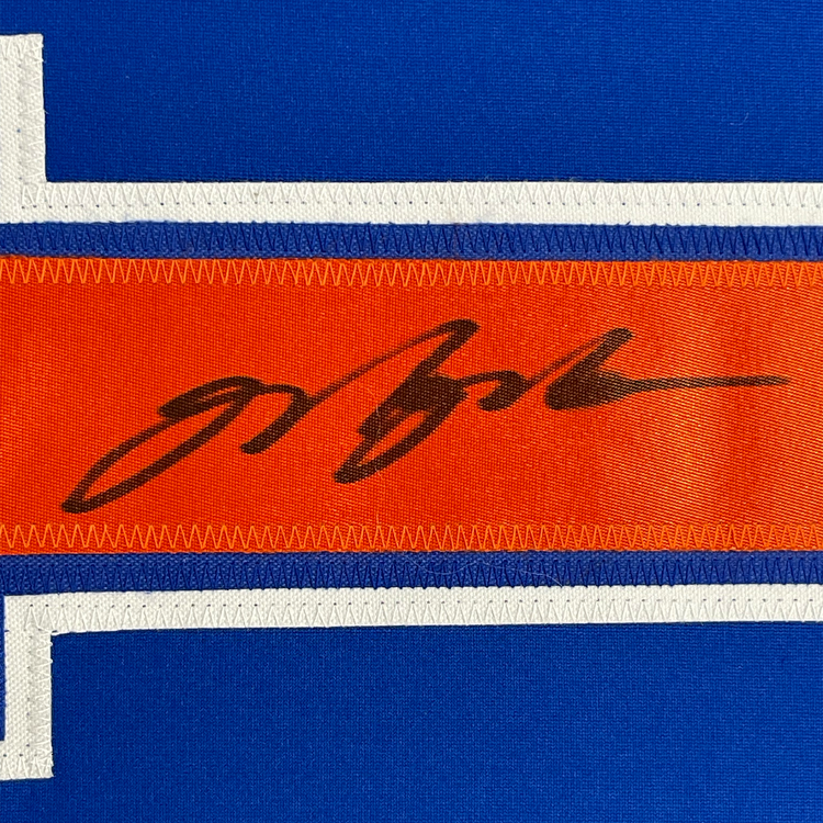 Framed Autographed/Signed Mark Messier 35x39 Edmonton Blue Hockey Jersey JSA COA