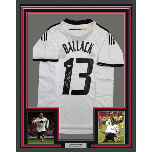 Framed Autographed/Signed Michael Ballack 35x39 Germany White Soccer World Cup Jersey Beckett BAS COA